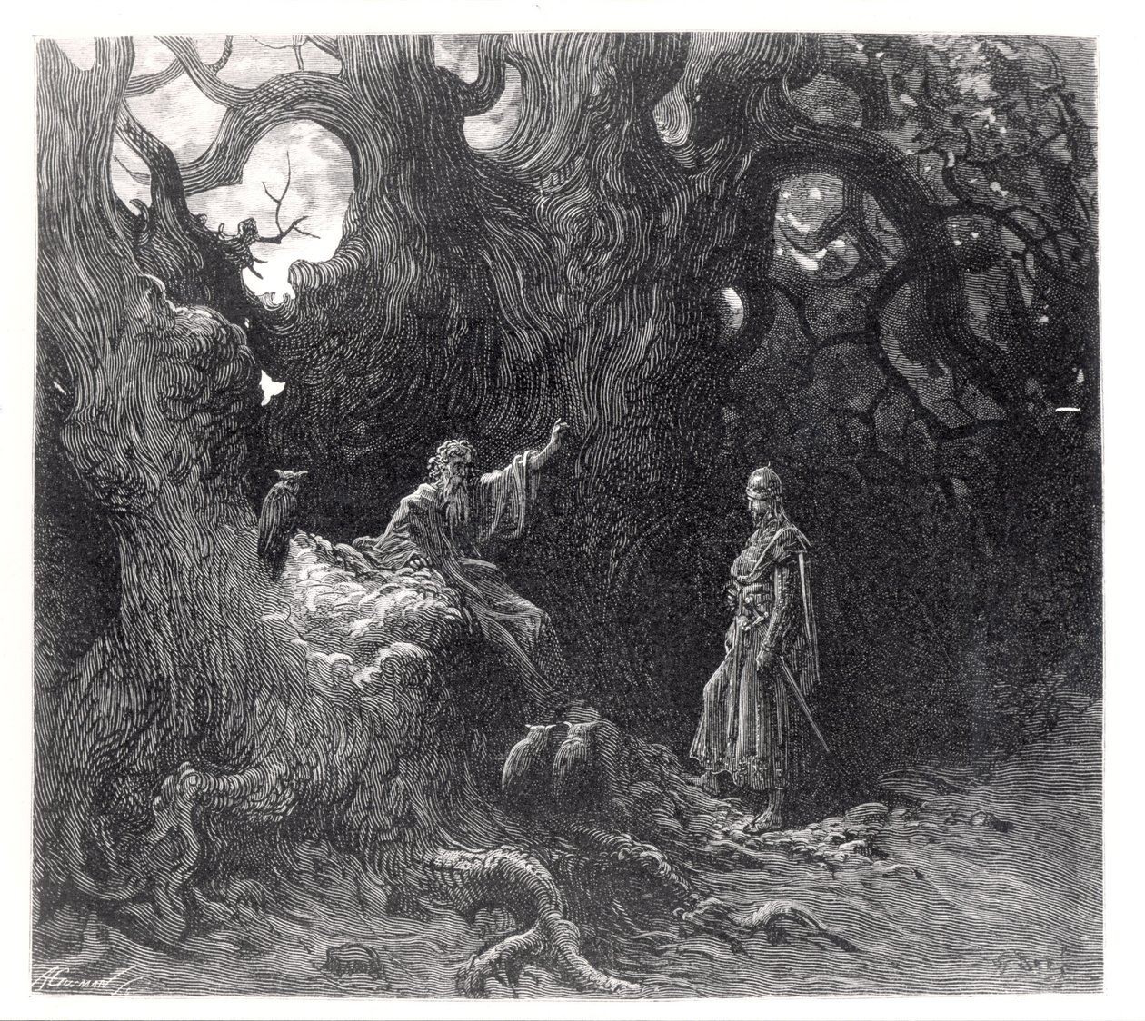 Merlin w lesie Broceliande, z „Orlando Furioso” Ludovico Ariosto (1474-1533), wydane przez Hachette w 1888 r. autorstwa Gustave Dore