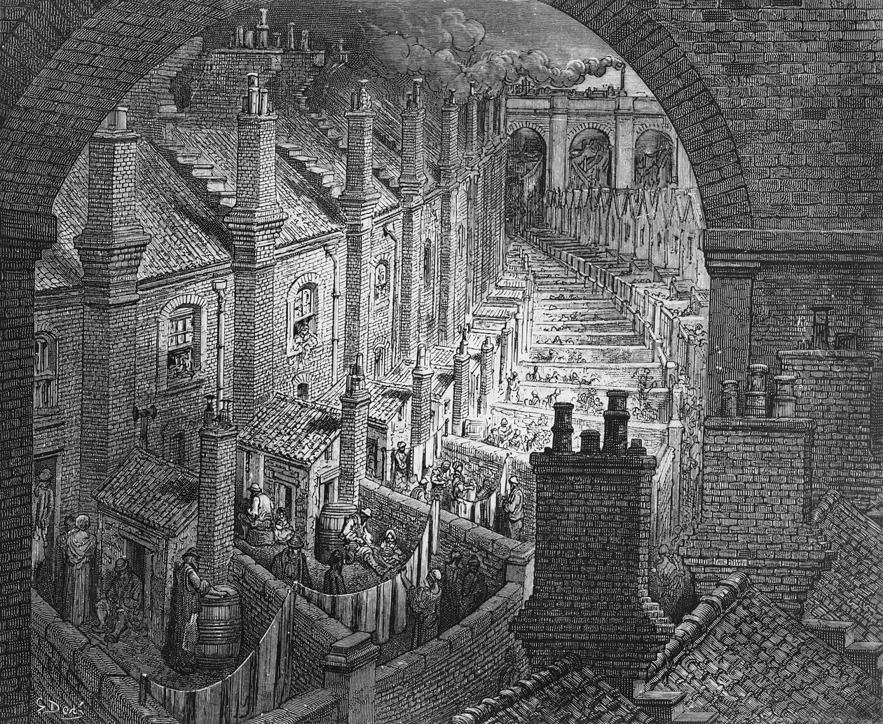 Over London – koleją, z „Londyn, pielgrzymka”, napisany przez Williama Blancharda Jerrolda (1826-94), sztychowany przez Stephane Pannemakera (1847-1930), wyd. 1872 autorstwa Gustave Dore