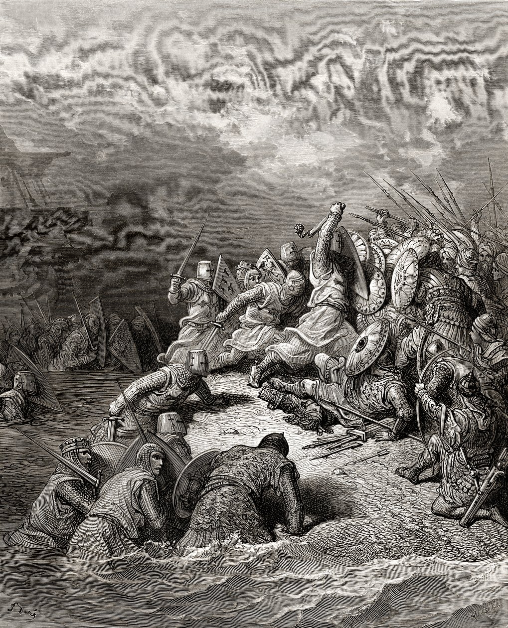Ryszard I (1157-99) Lwie Serce dostarczający Jaffę, ilustracja z „Bibliotheque des Croisades” J-F. Michaud, 1877 r. autorstwa Gustave Dore