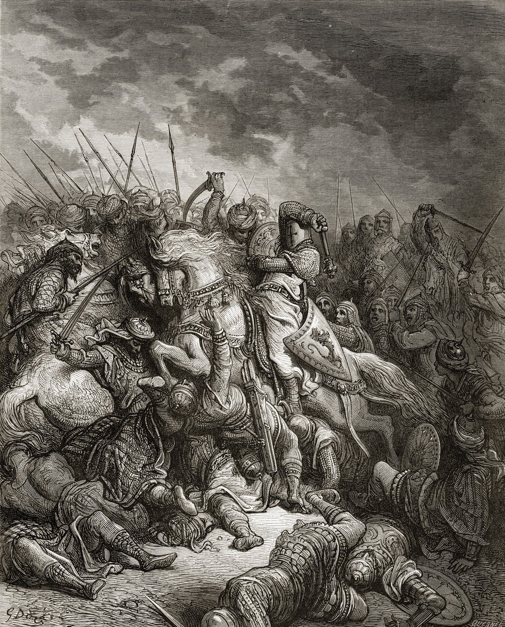 Ryszard I (1157-99) Lwie Serce w bitwie pod Arsuf w 1191 r., ilustracja z „Bibliotheque des Croisades” J-F. Michaud, 1877 r. autorstwa Gustave Dore