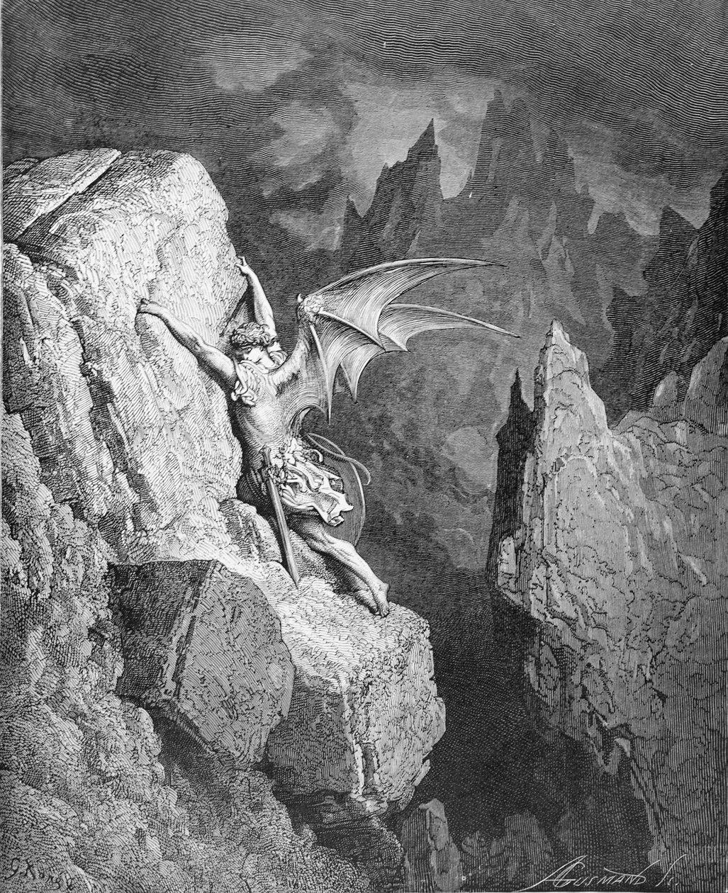 Lot szatana przez chaos, z "Raju utraconego" Johna Miltona (1608-74), rytowany przez Adolphe