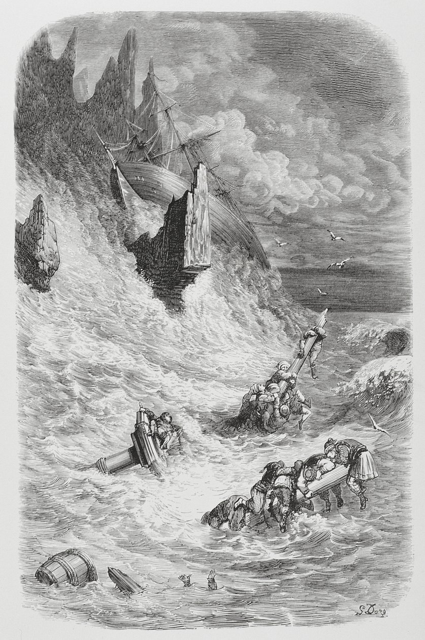 Wyrzucenie na brzeg statku Sindbada, ok. 1868 r. autorstwa Gustave Dore