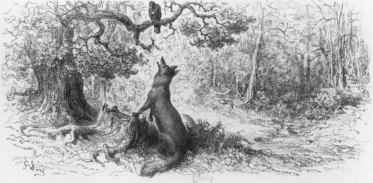 Wrona i lis z „Bajek” Jeana de La Fontaine (1621-95) autorstwa Gustave Dore