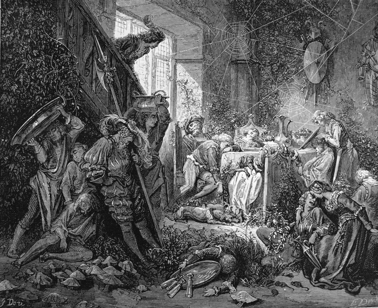 Książę przybywający do zaczarowanego zamku, ilustracja do „Śpiącej królewny” Charlesa Perraulta (1628-1703) autorstwa Gustave Dore