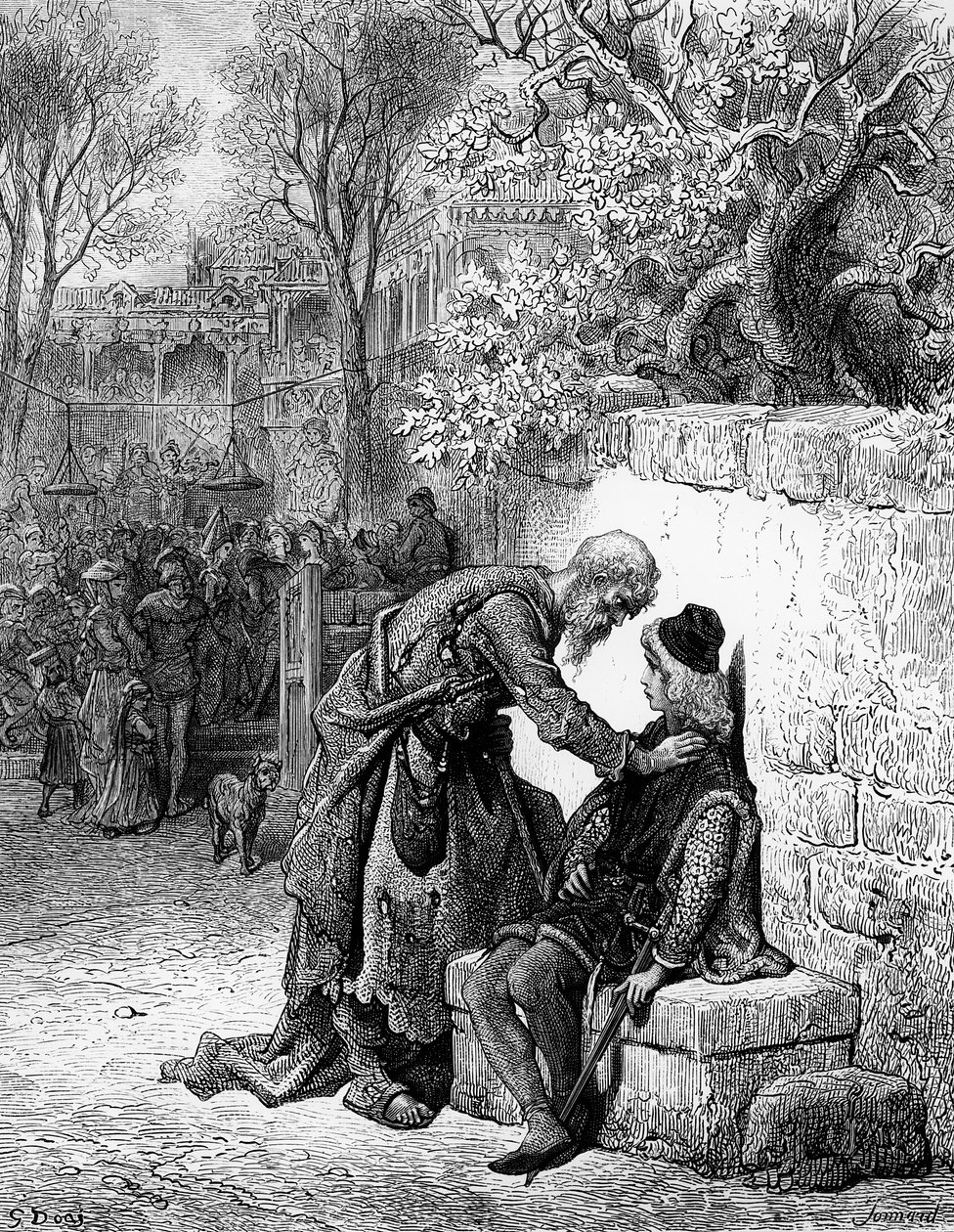 Gość weselny, któremu Starożytny Żeglarz uniemożliwił udział w weselu, scena z „Szronu Starożytnego Żeglarza”, autorstwa S.T. Coleridge, wydana przez Harper und Sons, Nowy Jork, 1876 (drewno e autorstwa Gustave Dore