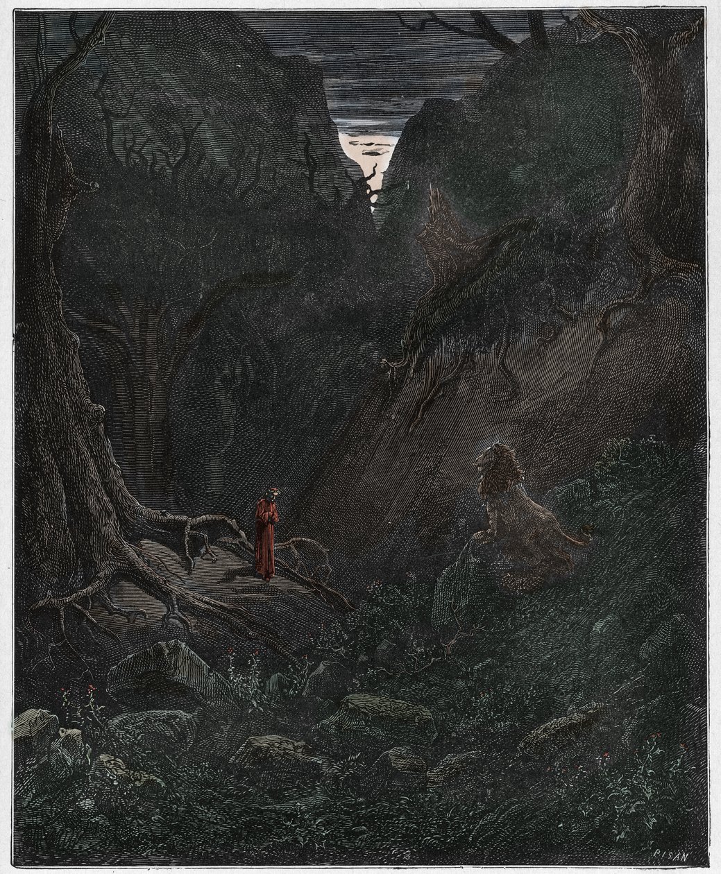 Inferno, Canto 1: Lew nagle staje naprzeciw Dantego, ilustracja z Boskiej Komedii Dantego Alighieri, 1885 (grafika kolorowana cyfrowo) autorstwa Gustave after Dore