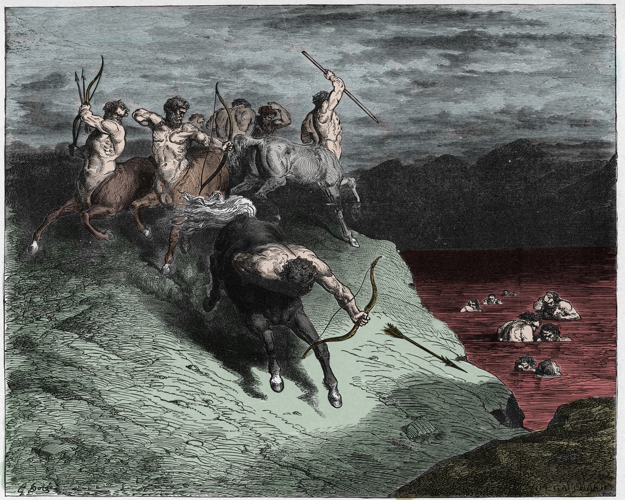Inferno, Canto 12: Centaury atakują dusze we wrzącej krwi, ilustracja z Boskiej komedii autorstwa Dante Alighieri, 1885 (cyfrowo kolorowy grawerunek) autorstwa Gustave after Dore