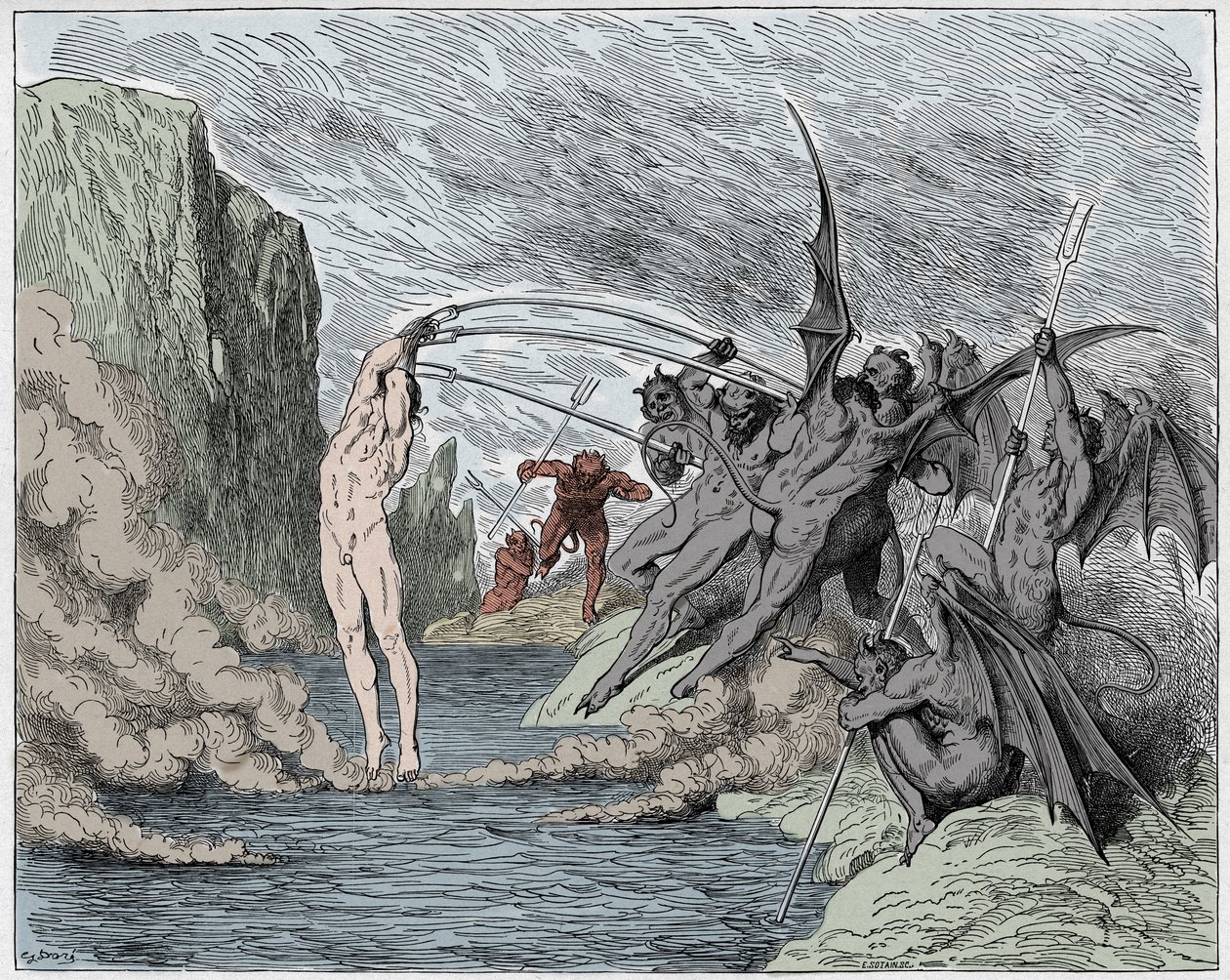 Inferno, Canto 21 : Diabły dręczą barratorów, ilustracja z Boskiej komedii Dantego Alighieri, 1885 (cyfrowo kolorowane grawerowanie) autorstwa Gustave after Dore
