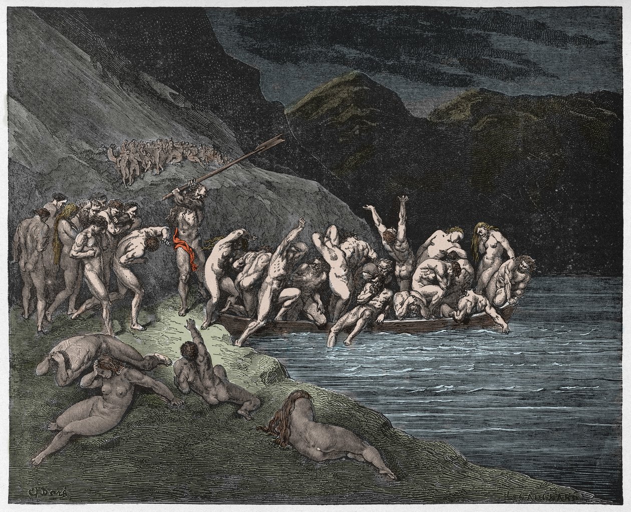 Piekło, Pieśń 3: Skazane dusze wyruszające na przeprawę przez Acheron, ilustracja z Boskiej komedii autorstwa Dante Alighieri, 1885 (cyfrowo kolorowy grawerunek) autorstwa Gustave after Dore