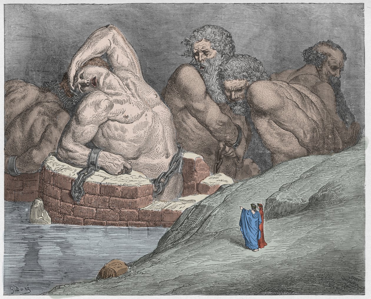 Inferno, Canto 31: Efialtes (Efialte) w kajdankach wśród gigantów, ilustracja z Boskiej komedii autorstwa Dante Alighieri, 1885 (cyfrowo kolorowy grawerunek) autorstwa Gustave after Dore