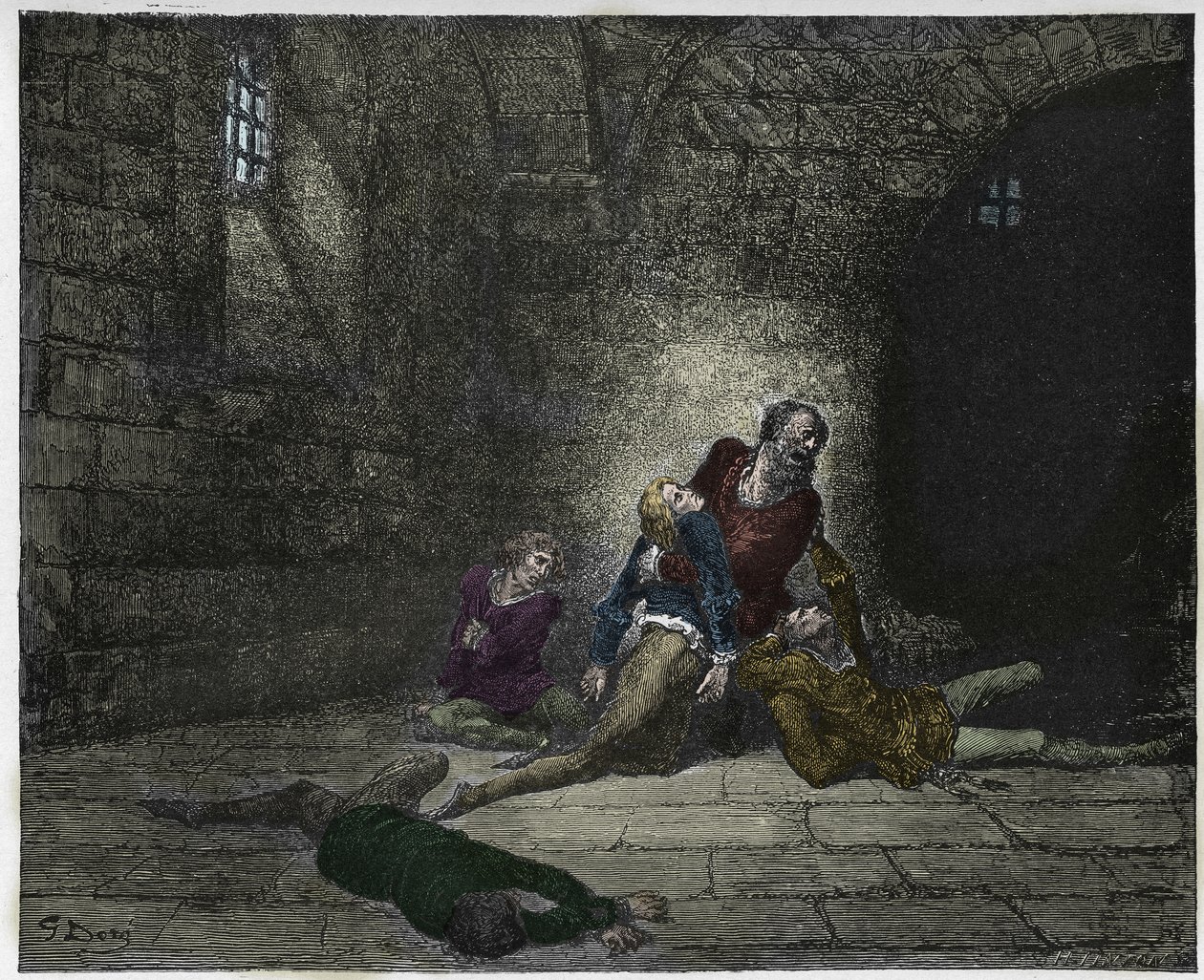 Inferno, Canto 33: Gaddo umiera na oczach swojego ojca (Ugolin (Ugolino) della Gherardesca), ilustracja z Boskiej komedii autorstwa Dante Alighieri, 1885 (cyfrowo kolorowane grawerowanie) autorstwa Gustave after Dore