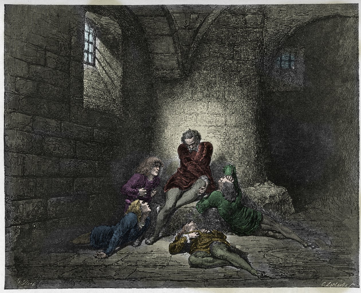 Inferno, Canto 33: Ugolino (Ugolin della Gherardesca) i jego synowie unieruchomieni i głodni, ilustracja z Boskiej komedii autorstwa Dante Alighieri, 1885 (cyfrowo kolorowane grawerowanie) autorstwa Gustave after Dore
