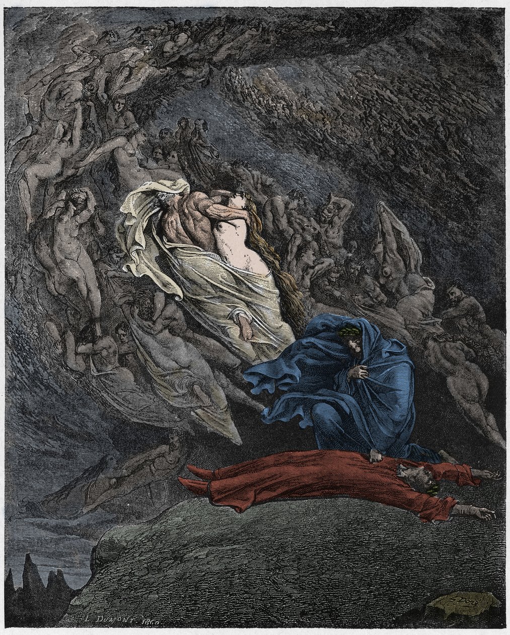 Inferno, Canto 5: Francesca Da Rimini opisuje swoją śmierć, ilustracja z Boskiej komedii Dantego Alighieri, 1885 (cyfrowo kolorowana grawerunek) autorstwa Gustave after Dore