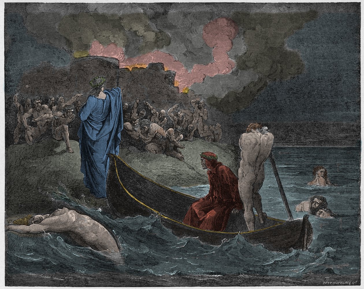 Inferno, Canto 8 : Wergiliusz i Dante wysiadają w cytadeli Dis (Dite), ilustracja z Boskiej komedii Dantego Alighieri, 1885 (cyfrowo kolorowy grawerunek) autorstwa Gustave after Dore