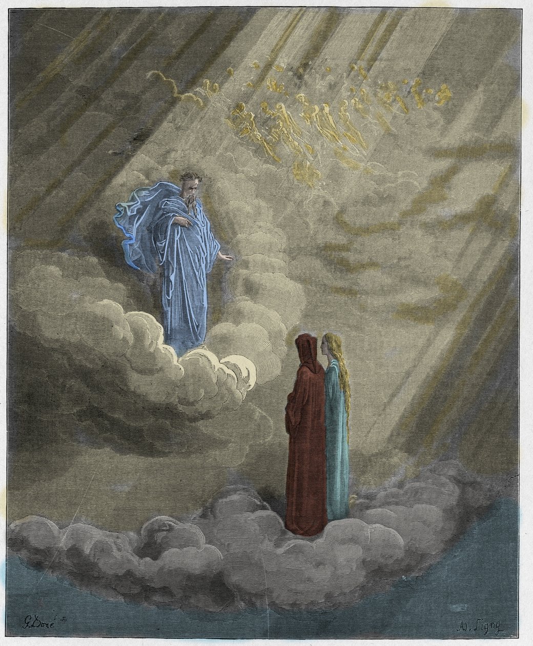 Paradiso, Canto 16 : Dusza Caddiaguida mówi o Florencji, ilustracja z Boskiej komedii Dantego Alighieri, 1885 (cyfrowo kolorowane grawerowanie) autorstwa Gustave after Dore