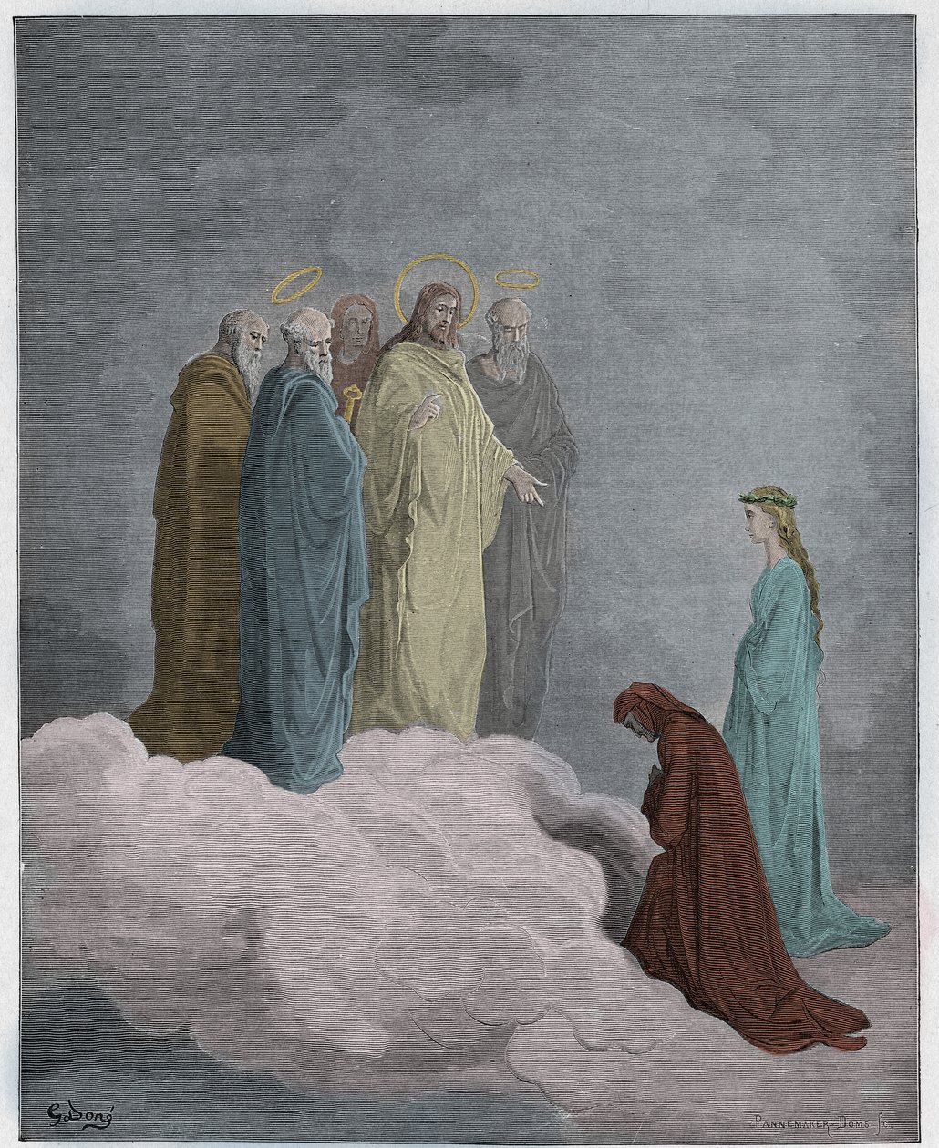 Paradiso, Canto 26: Św. Jan bada Dantego odnośnie miłości, ilustracja z Boskiej komedii Dantego Alighieri, 1885 (cyfrowo kolorowane grawerowanie) autorstwa Gustave after Dore