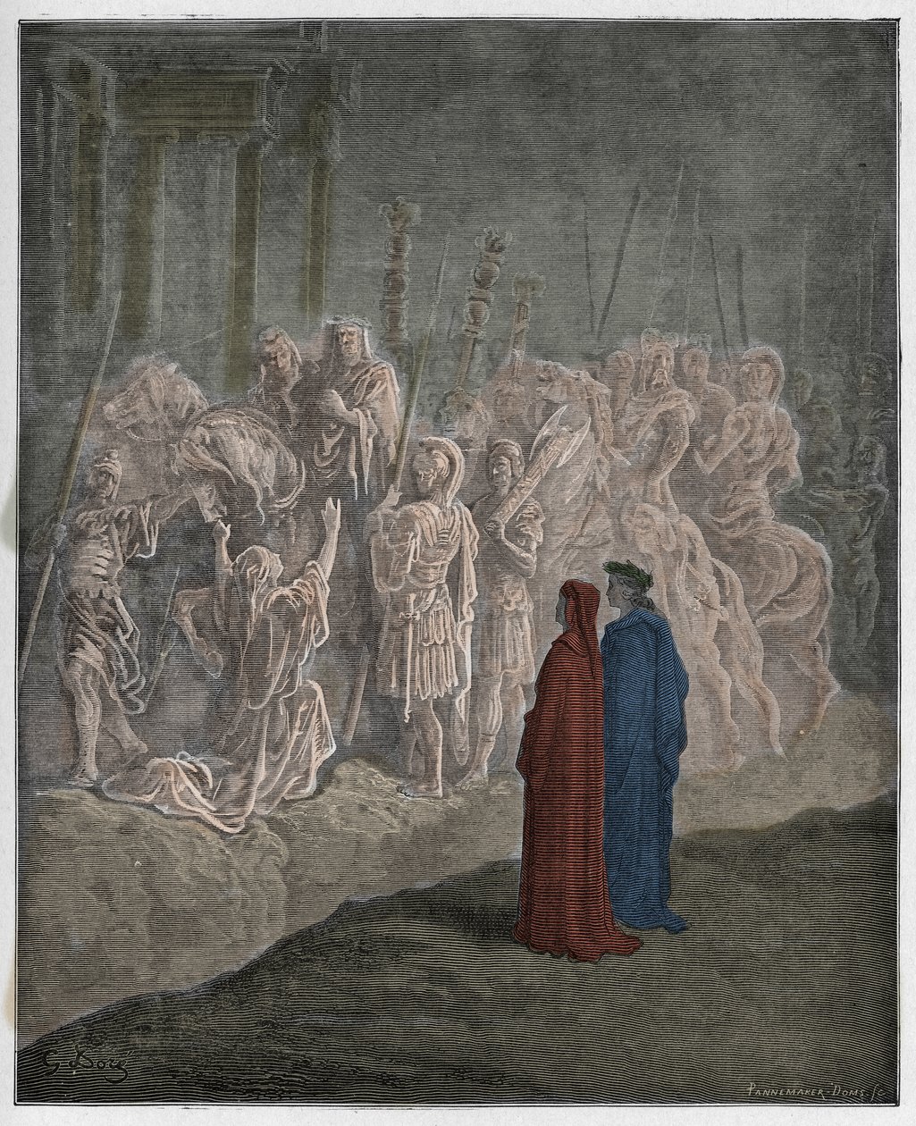 Purgatorio, Canto 10 : Marmurowe rzeźby przedstawiające dumę, ilustracja z Boskiej komedii Dantego Alighieri, 1885 (cyfrowo kolorowy grawerunek) autorstwa Gustave after Dore