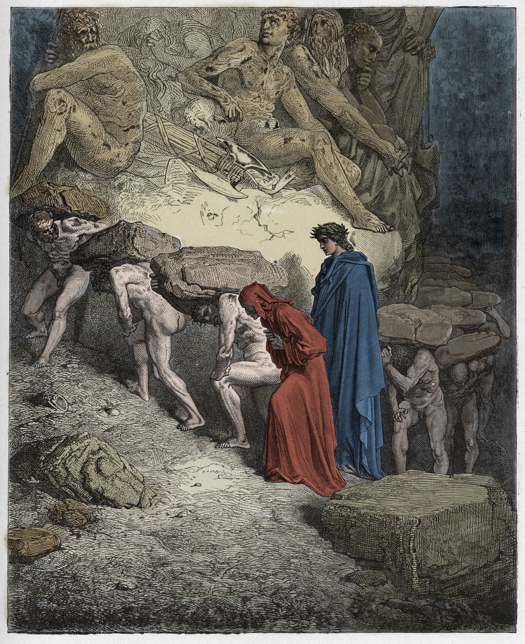 Purgatorio, Canto 11: Dusze dumnych, niosące ciężkie kamienie, ilustracja z Boskiej komedii autorstwa Dante Alighieri, 1885 (cyfrowo kolorowy grawerunek) autorstwa Gustave after Dore