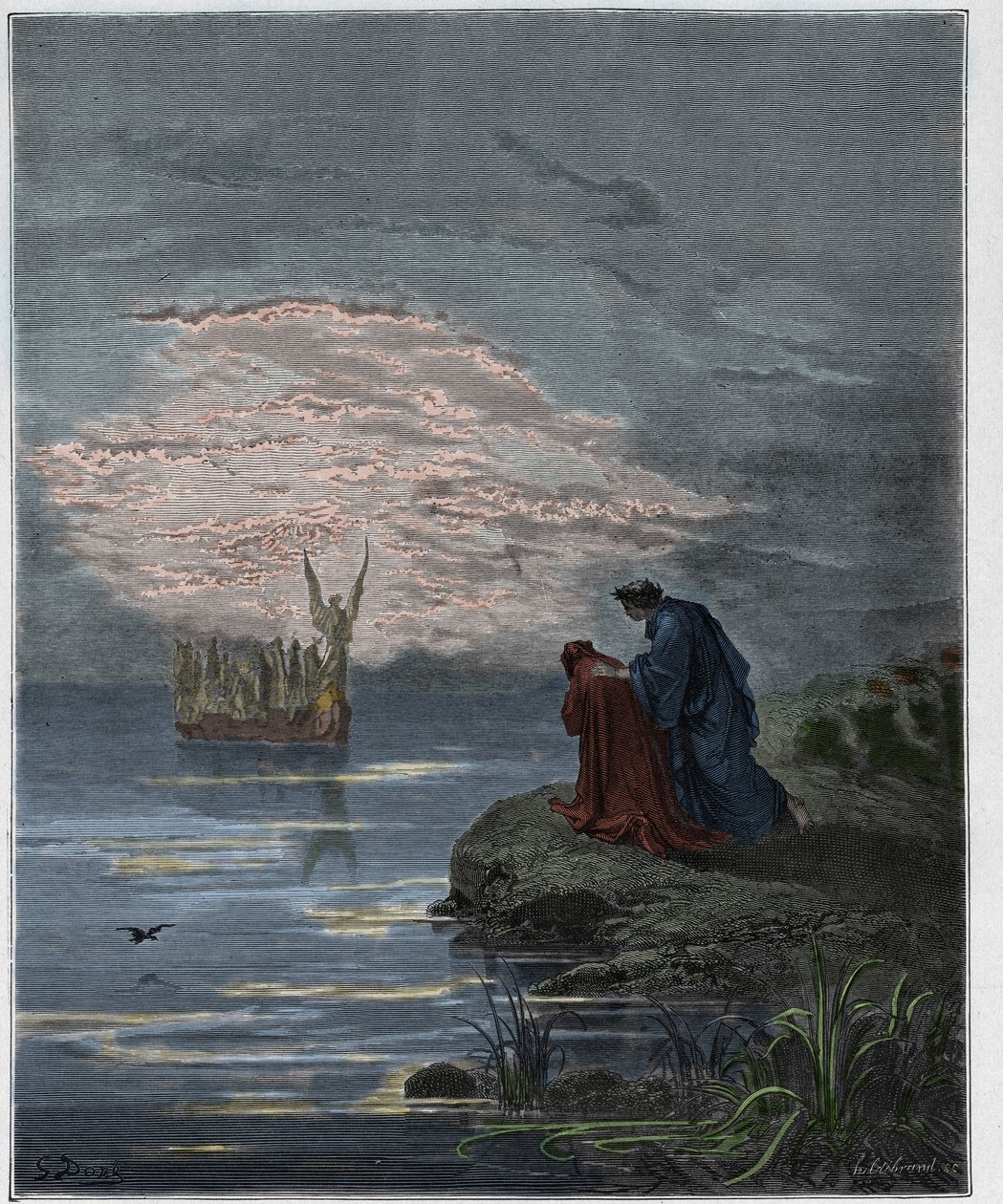 Purgatorio, Canto 2: Dante kłania się przed aniołem pilotem, ilustracja z Boskiej komedii autorstwa Dante Alighieri, 1885 (cyfrowo kolorowy grawerunek) autorstwa Gustave after Dore