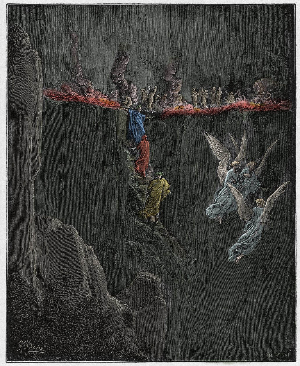 Purgatorio, Canto 25: Wergiliusz i Dante wstępują do siódmego kręgu poprzez płomienie, ilustracja z Boskiej Komedii Dantego Alighieri, 1885 (rycina kolorowana cyfrowo) autorstwa Gustave after Dore