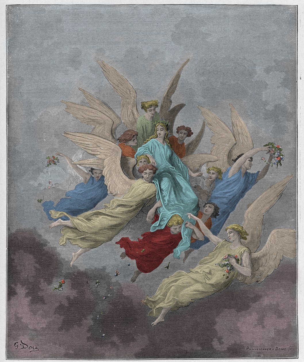 Purgatorio, Canto 30: Beatrycze wśród aniołów, ilustracja z Boskiej komedii Dantego Alighieri, 1885 (cyfrowo kolorowane grawerowanie) autorstwa Gustave after Dore