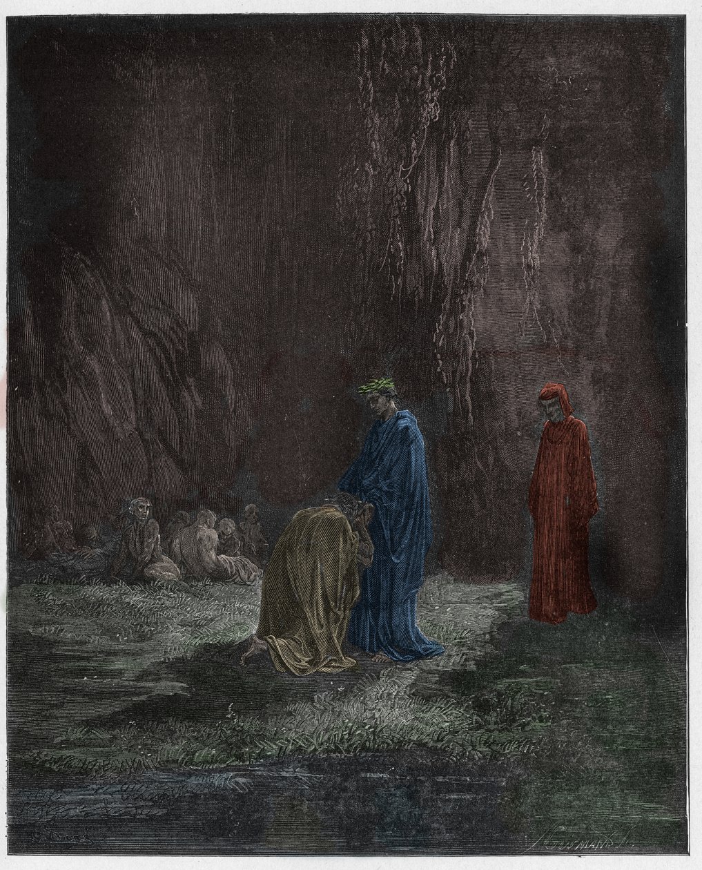 Purgatorio, Canto 7 : Poeta Sordello, zdumiony, klęka przed Wergiliuszem, ilustracja z Boskiej komedii Dantego Alighieri, 1885 (rycina cyfrowo kolorowana) autorstwa Gustave after Dore