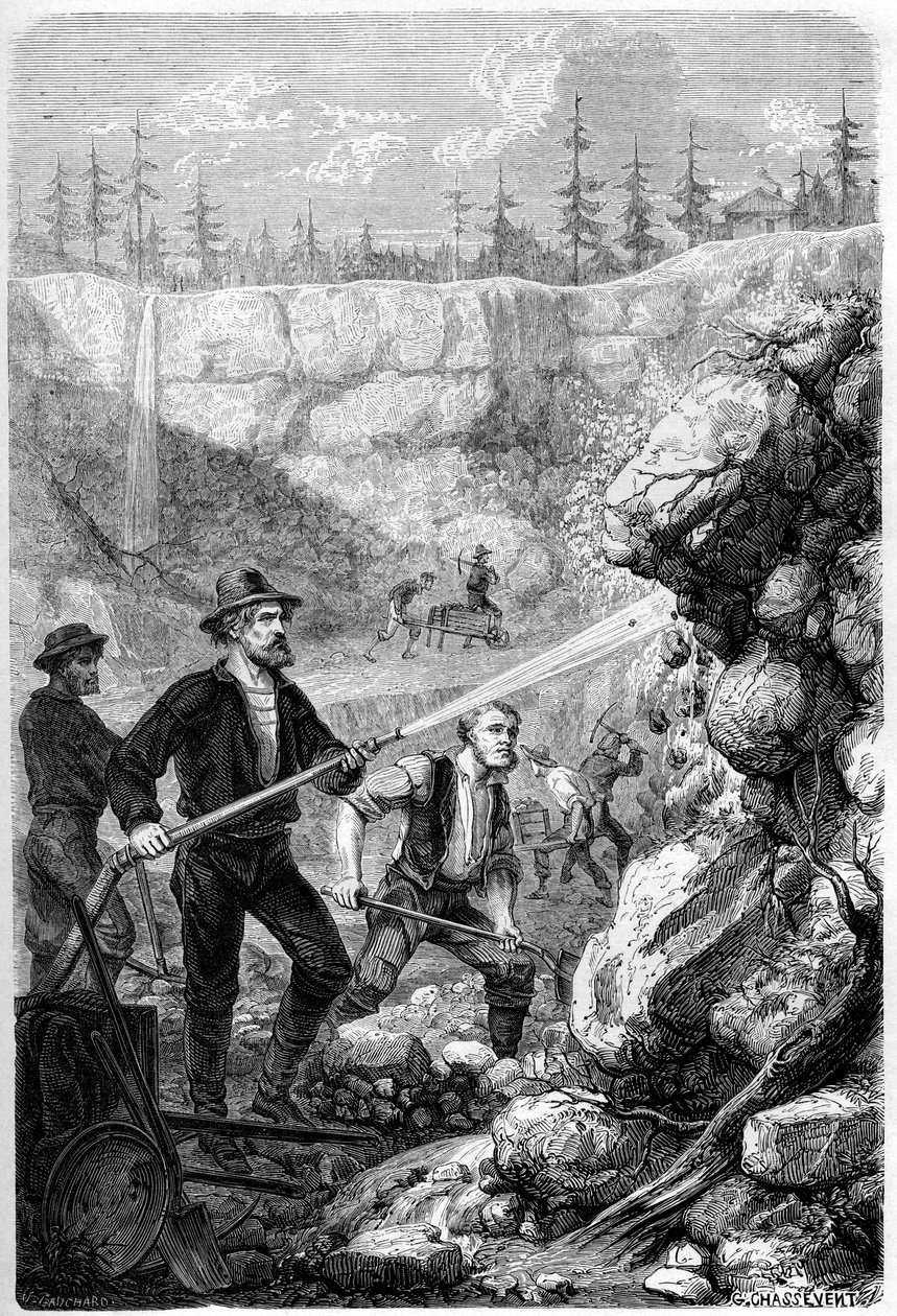 Górnictwo hydrauliczne, Kalifornia, 1859. autorstwa Gustave Adolphe Chassevent Bacques