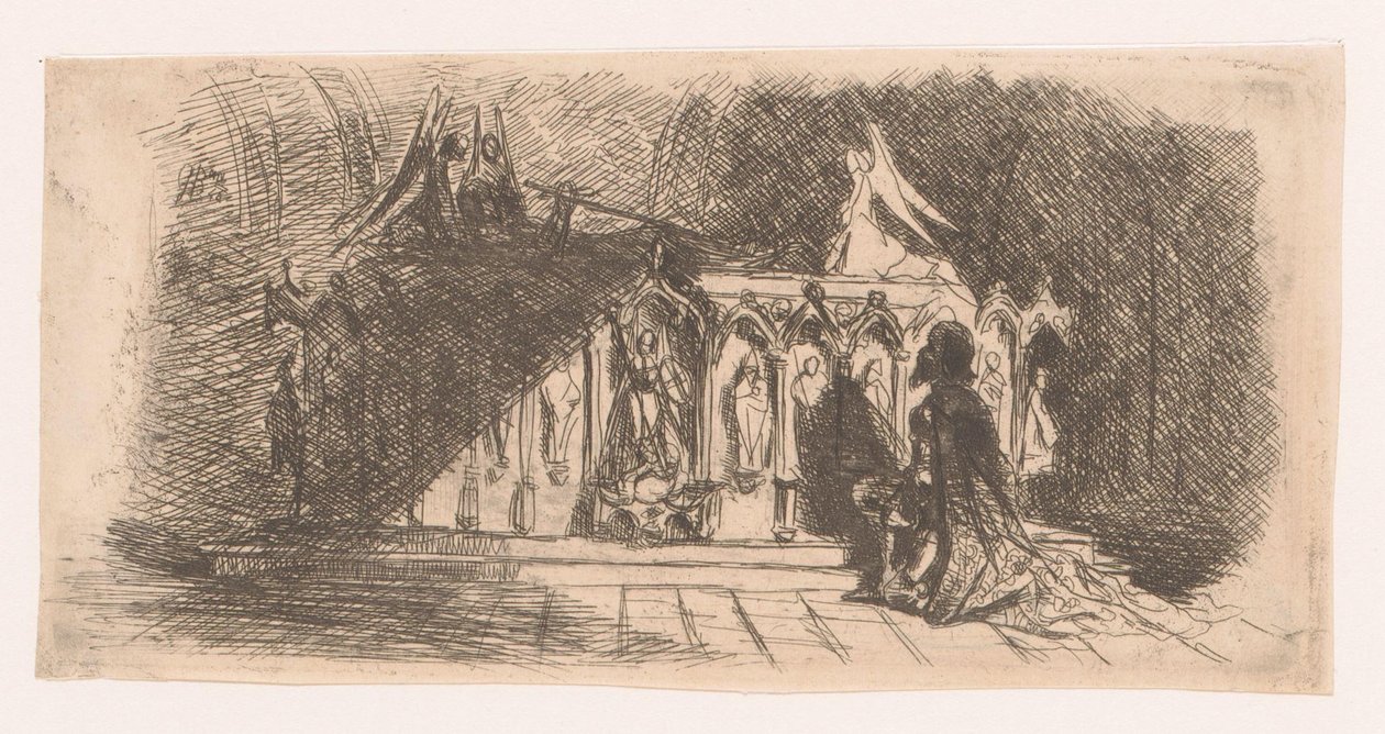 Mężczyzna klęka przed gotyckim grobowcem autorstwa Gustave Buschmann