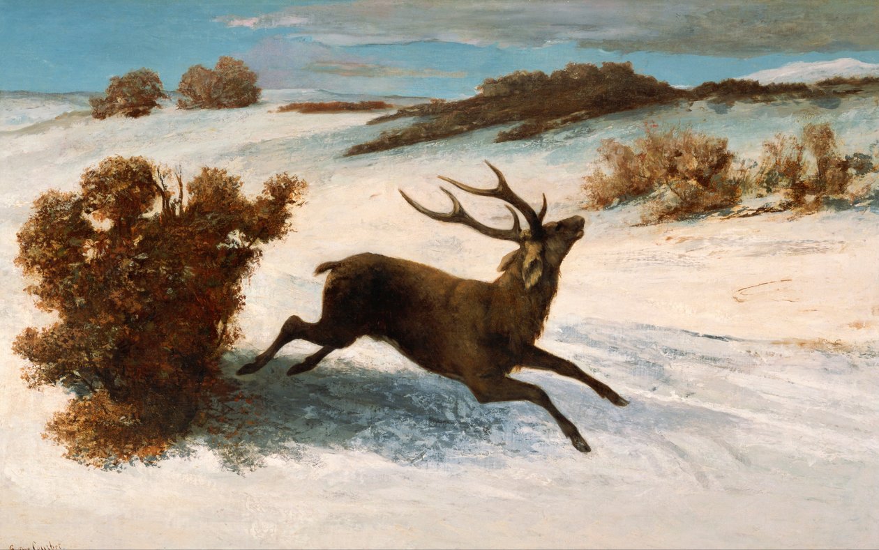 Jeleń biegnący w śniegu. autorstwa Gustave Courbet
