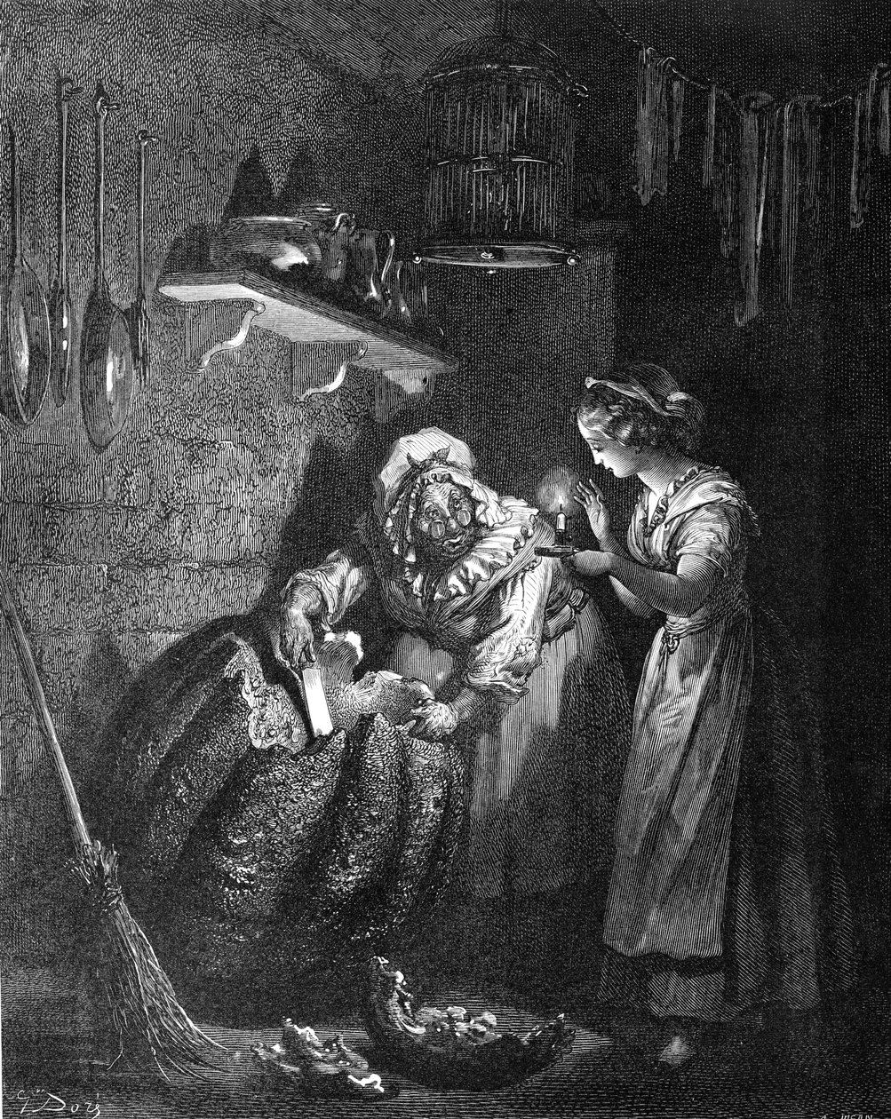 Kopciuszek: Wróżka chrzestna rzeźbiąca dynię. autorstwa Gustave Dore