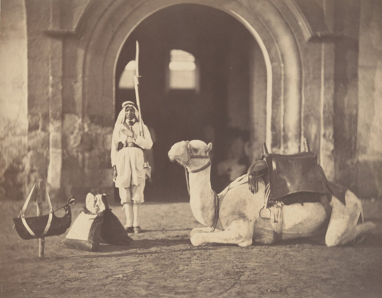[Żołnierz i wielbłąd wojskowy], 1866. autorstwa Gustave Le Gray