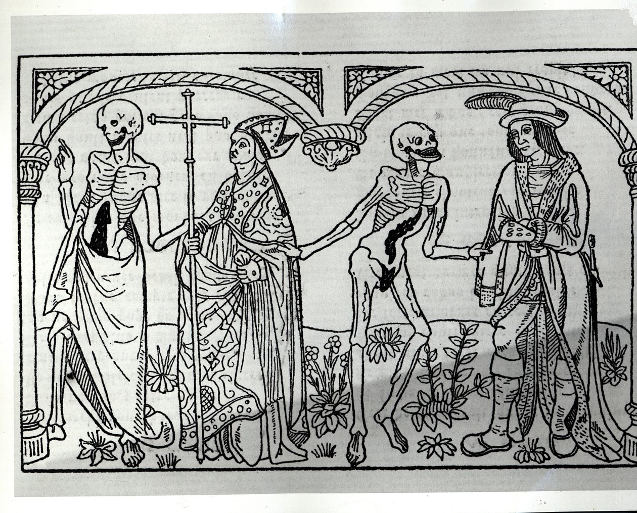 Śmierć zabierająca biskupa i szlachcica z Danse Macabre, wyd. Paryż, 1485 r. autorstwa Guy Marchant