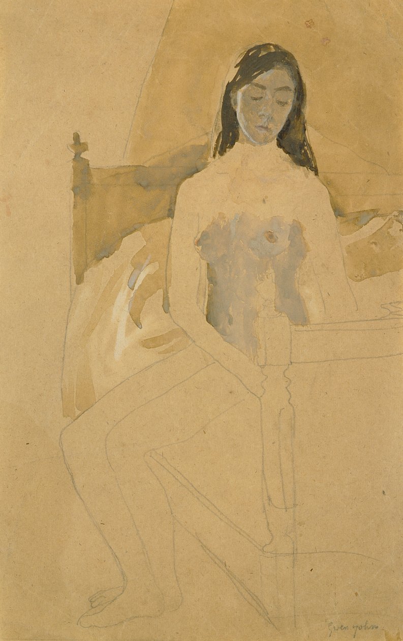 Autoportret, nagi, siedzący na łóżku (ołówek i wc na papierze) autorstwa Gwen John
