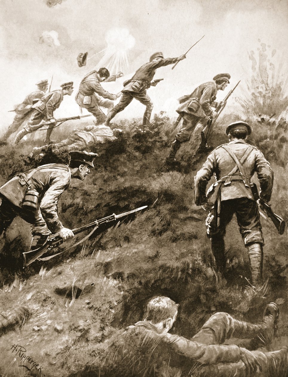 Major (tymczasowy podpułkownik) A.F. Douglas-Hamilton mobilizuje swoich ludzi i prowadzi ich naprzód, powstrzymując w ten sposób natarcie wroga. autorstwa H. Ripperger