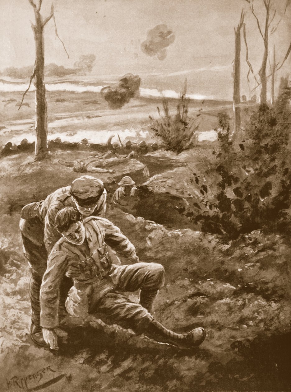 Wielebny W.R.F. Addison przenosi rannego mężczyznę pod osłonę okopu pod ciężkim ogniem karabinu i karabinu maszynowego autorstwa H. Ripperger
