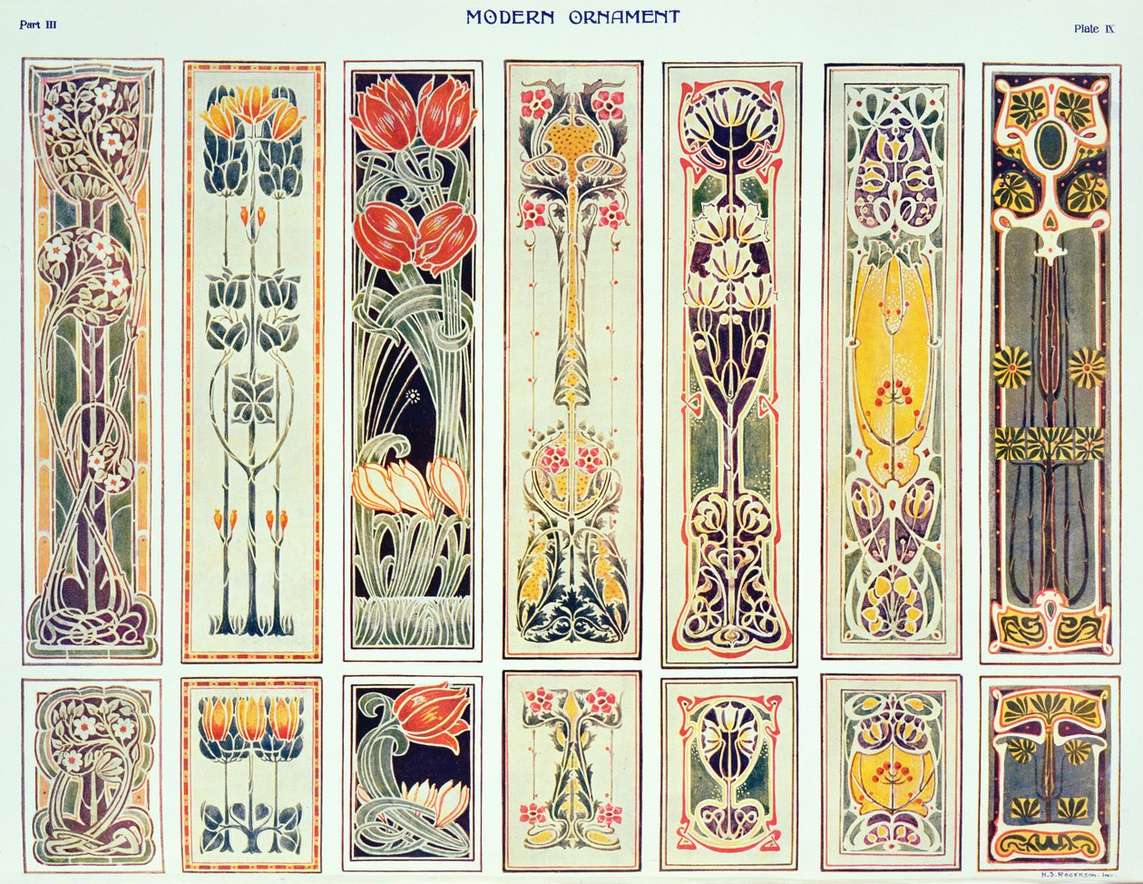 Wybór wzorów paneli, płyta IX z „Modern Ornament” wydanej przez Decorative Art Journal Company Ltd. c.1900 autorstwa H.Summerfield Rogerson