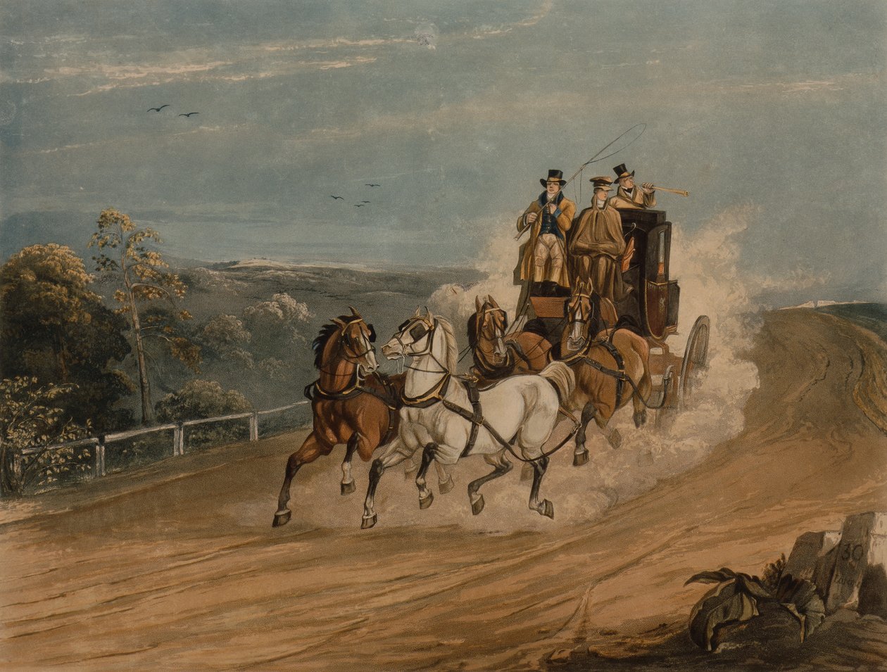 The Mail Coach behind Time (kolorowy grawerunek) autorstwa H. Walker