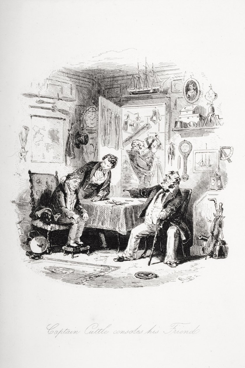 Kapitan Cuttle pociesza swojego przyjaciela, ilustracja z "Dombey i syn" Charlesa Dickensa (1812-70) opublikowana po raz pierwszy w 1848 r. autorstwa Hablot Knight Browne