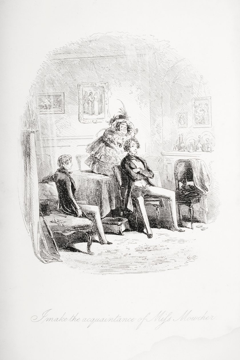 Poznaję pannę Mowcher, ilustracja z „Dawida Copperfielda” Charlesa Dickensa (1812-70) opublikowana po raz pierwszy w 1850 r. autorstwa Hablot Knight Browne