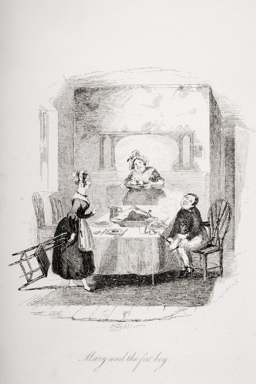 Mary and the fat boy, ilustracja z „The Pickwick Papers” Charlesa Dickensa (1812-70) wydanej w 1837 r. autorstwa Hablot Knight Browne