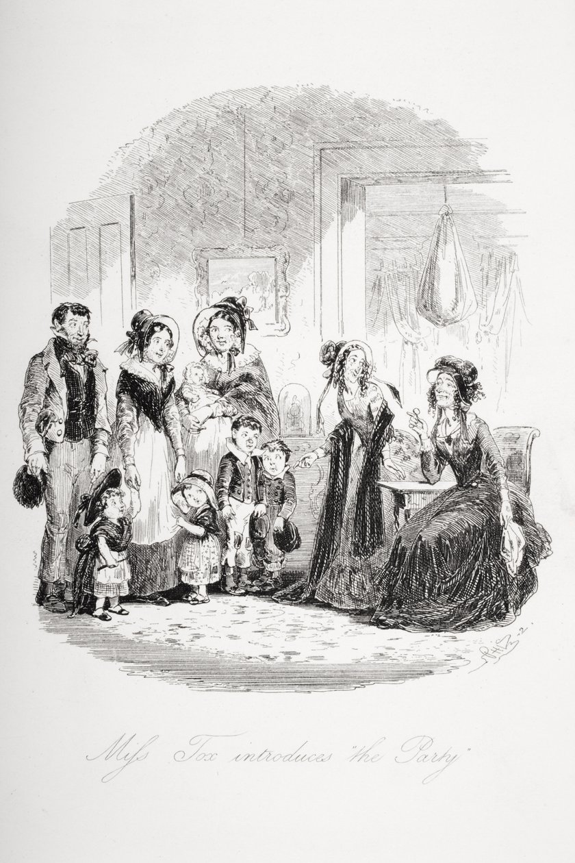 Miss Tox przedstawia „Partię”, ilustracja z „Dombey and Son” Charlesa Dickensa (1812-70) opublikowana po raz pierwszy w 1848 r. autorstwa Hablot Knight Browne