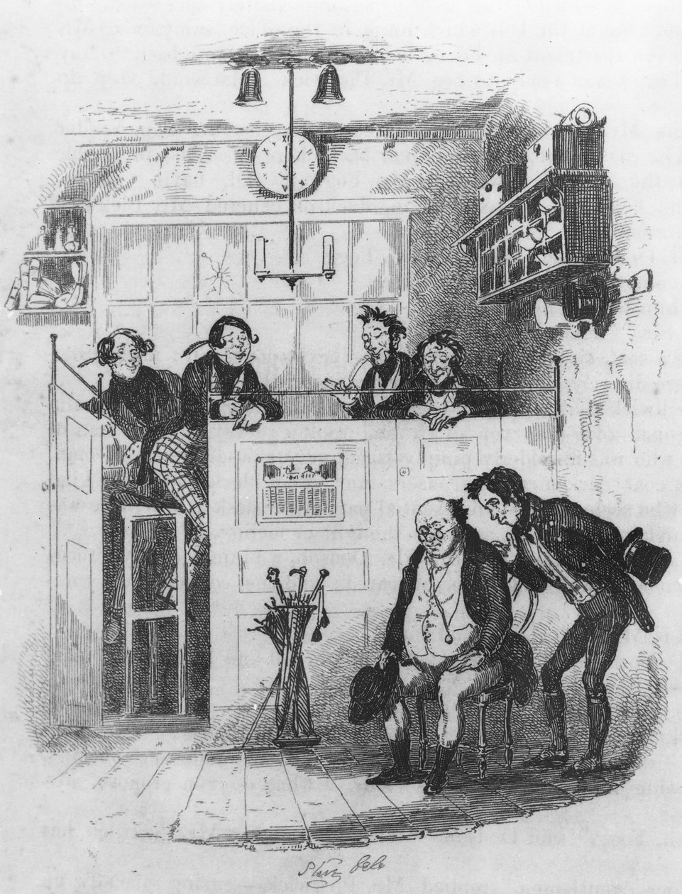 Pan Pickwick i Sam w kancelarii adwokackiej, ilustracja z "The Pickwick Papers" Charlesa Dickensa, 1837 r. autorstwa Hablot Knight Browne