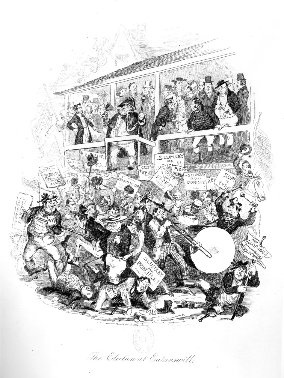 Pan Pickwick w dniu wyborów w Eatenswill, ilustracja z „Pickwick Papers” Charlesa Dickensa (1812-70) autorstwa Hablot Knight Browne