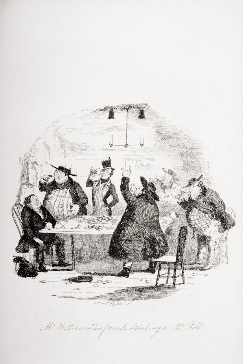 Pan Weller i jego przyjaciele piją do pana Pella, ilustracja z „Papierów Pickwicka” Charlesa Dickensa (1812-70) wydana w 1837 r. autorstwa Hablot Knight Browne