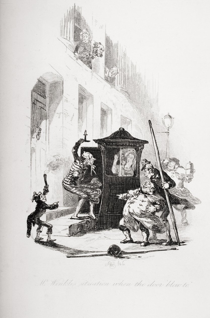Sytuacja pana Winkle, gdy drzwi wyleciały w powietrze, ilustracja z „Papierów Pickwicka” Charlesa Dickensa (1812-70) opublikowana w 1837 r. autorstwa Hablot Knight Browne