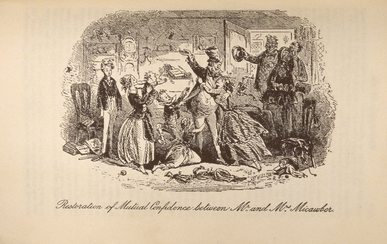 „Przywrócenie wzajemnego zaufania między panem i panią Micawber” z „Dawida Copperfielda” Charlesa Dickensa (1812-70) autorstwa Hablot Knight Browne