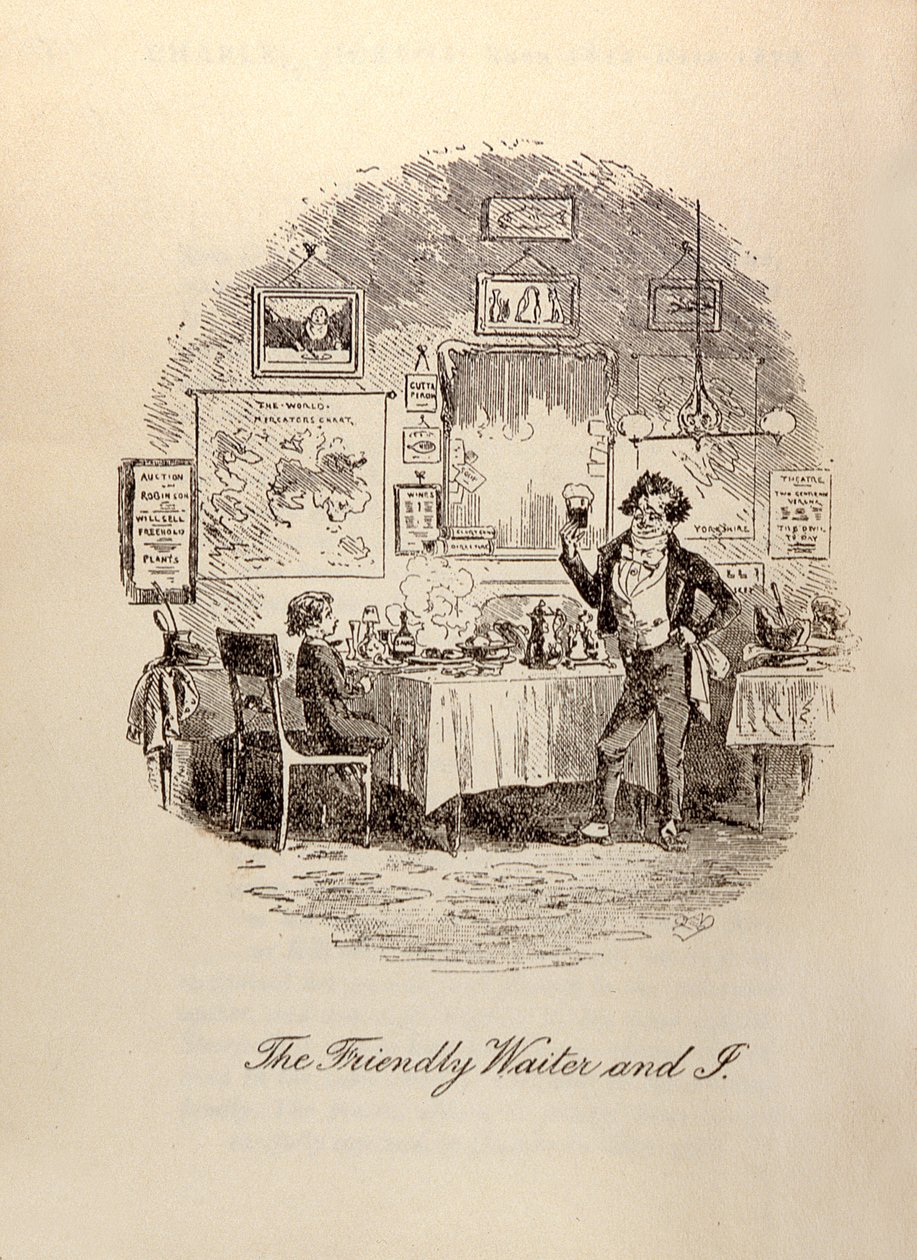 „Przyjazny kelner i ja”, z „Dawida Copperfielda” Charlesa Dickensa (1812-70) autorstwa Hablot Knight Browne