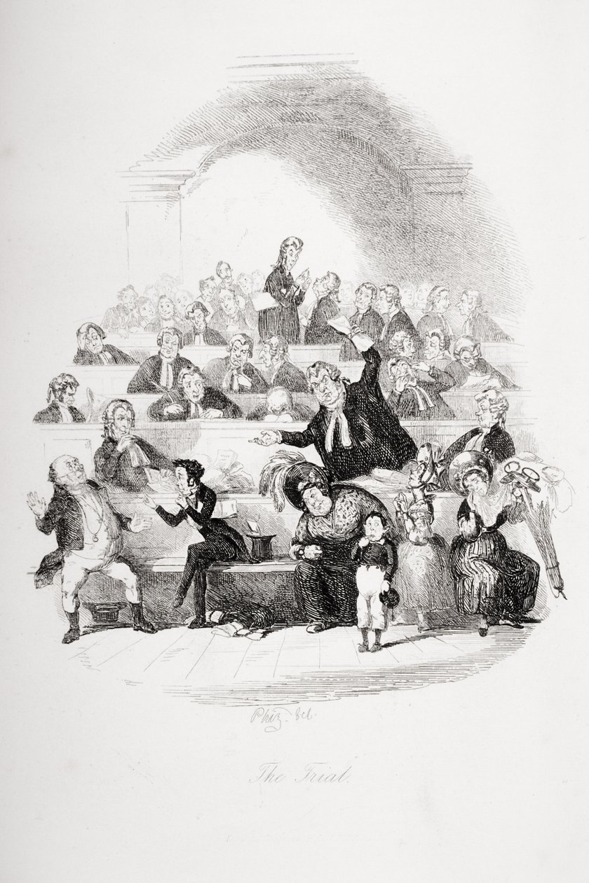 The Trial, ilustracja z "The Pickwick Papers" Charlesa Dickensa (1812-70) opublikowana w 1837 roku (patrz także 259103) autorstwa Hablot Knight Browne