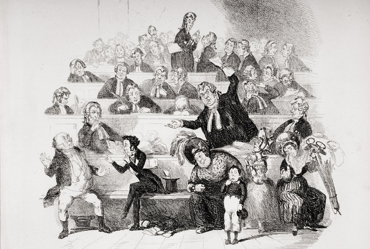 The Trial, ilustracja z „The Pickwick Papers” Charlesa Dickensa (1812-70) opublikowanej w 1837 r. (zob. także 259104) autorstwa Hablot Knight Browne
