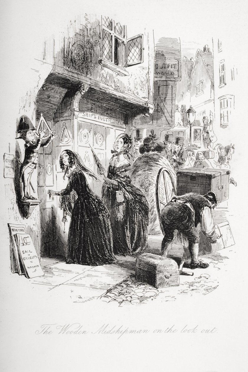 Drewniany kadet na posterunku, ilustracja z „Dombey and Son” Charlesa Dickensa (1812-70) opublikowana po raz pierwszy w 1848 r. autorstwa Hablot Knight Browne